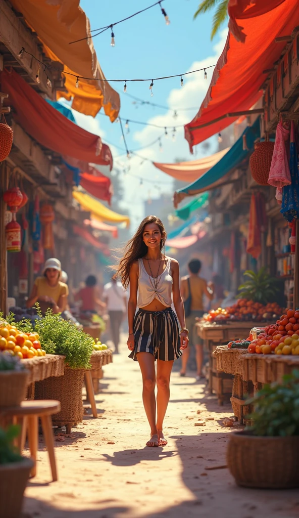 20 yrs old girl and body type is hourglass.Pose: Ava standing near a colorful street market, looking over her shoulder with a smile.

Clothes: A flowing maxi dress in vibrant colors that complement the surroundings, paired with comfortable yet stylish sneakers for exploring.

Background: The bustling and lively street market with vibrant stalls and people, showcasing the energetic atmosphere of Delhi.