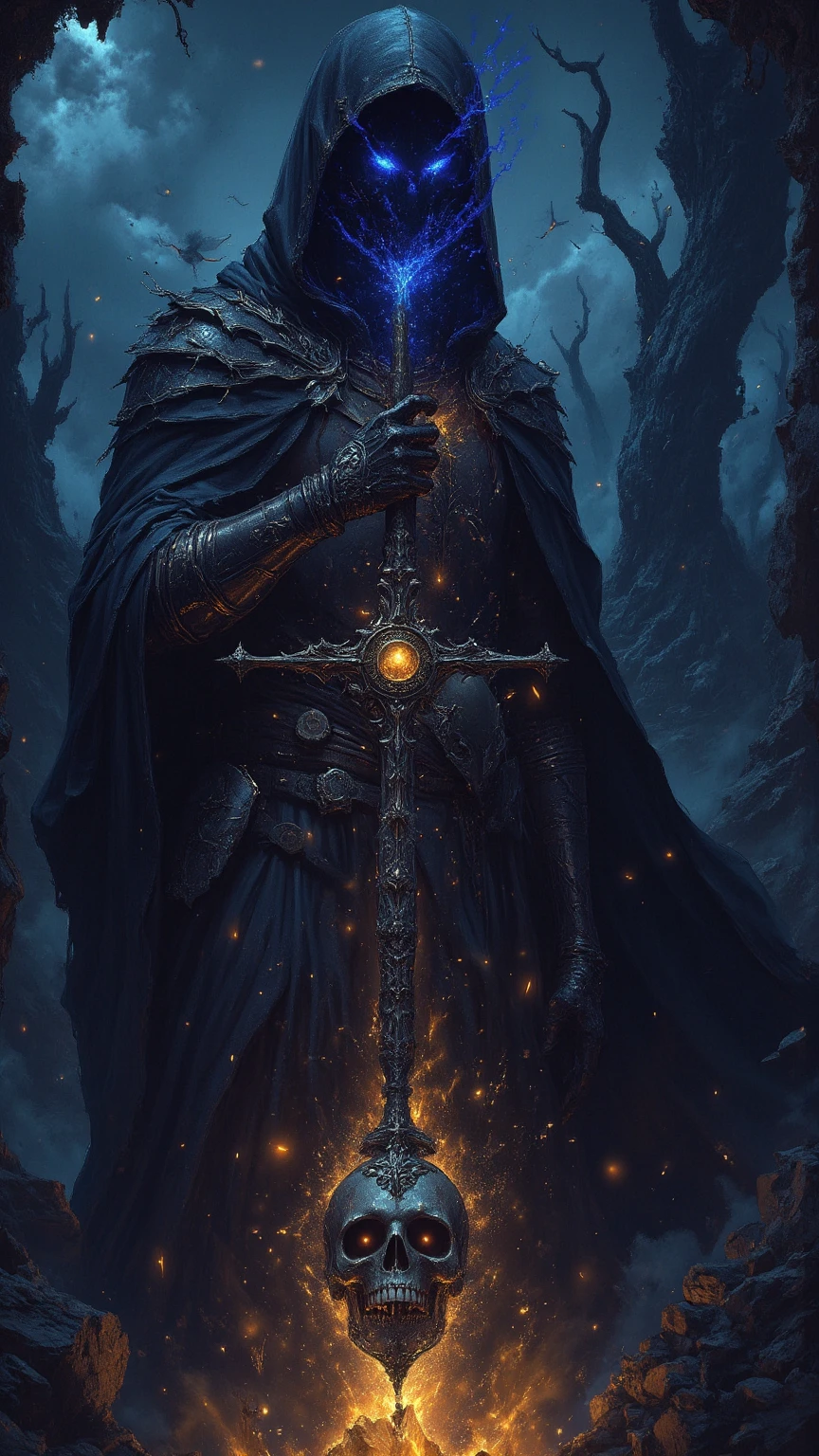 man in black medieval armor emitting some blue lights, I would like the art in a fantasy RPG style. In the Wild West on a dark night with several skulls on the ground