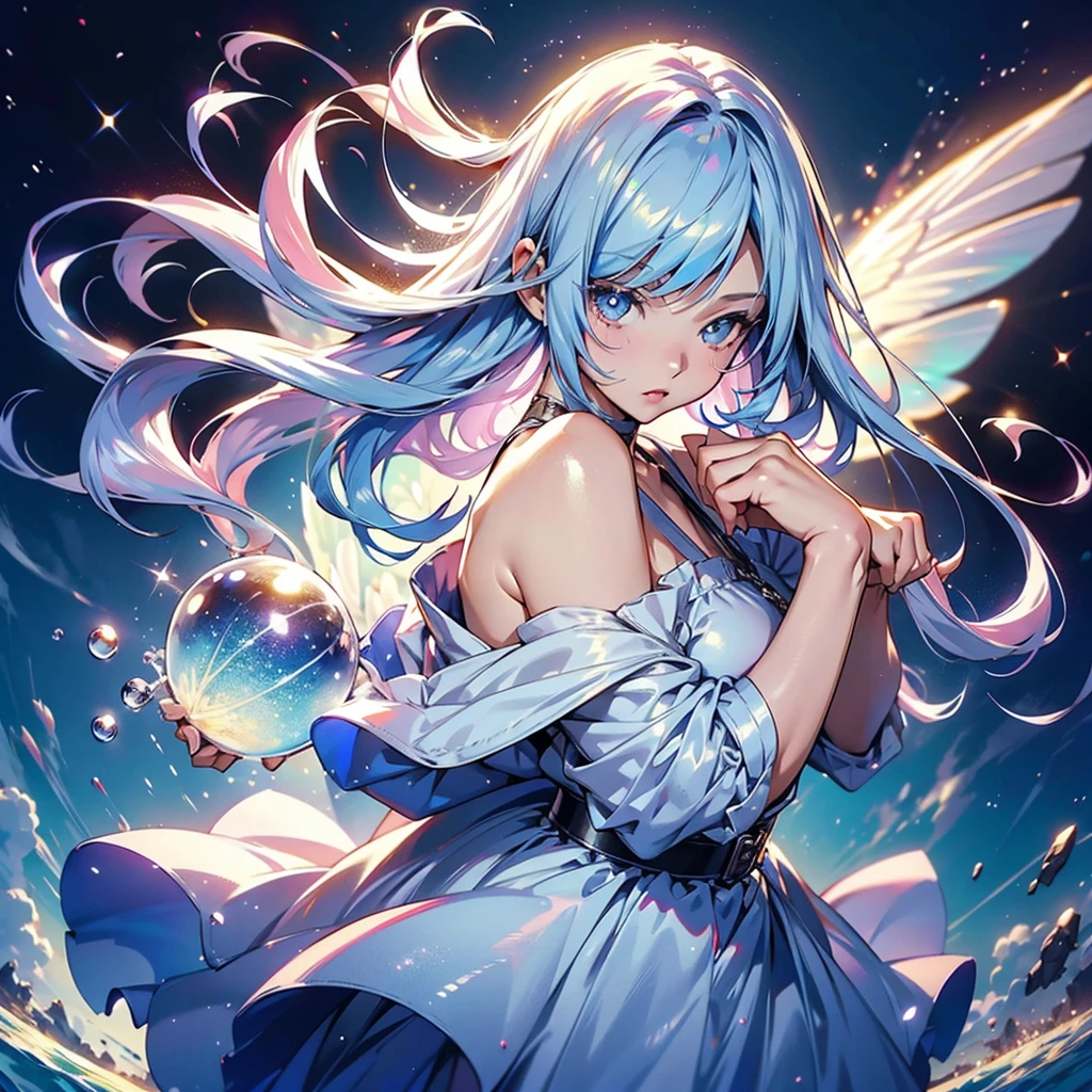 Ohana Owl has white skin with blue eyes, brown eyebrows, and pink lips. She has grey feather details on her cheeks and forehead along with her nose. She has long blue hair that reach down to her hips. She has no animal type ears or a tail. Ohana wears a molded-on bodice that is light blue with a moon, clouds, and stars on it. Her skirt is removable with a pink band and a jagged cut. The skirt is a purple and pink ombre color with moons, clouds, stars, and rainbows on it. The look is augmented with a purple fur stole. Her shoes are orange slippers with a furry texture on them and they have owl faces. She wears a pink sleeping cap and has a blue sleeping mask with an orange beak on it. SPARKLE; GLITTER]