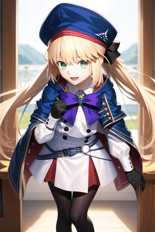 bbcaster, long hair, twintails, beret, blue headwear, green eyes, blue cape, bowtie, white dress, long sleeves, black gloves, buttons, double-breasted, blue belt, black pantyhose, masterpiece, best quality,1girl, breasts, solo, thicc, tight ass, ass grab, squat, looking at viewer, long leg thong, sexy