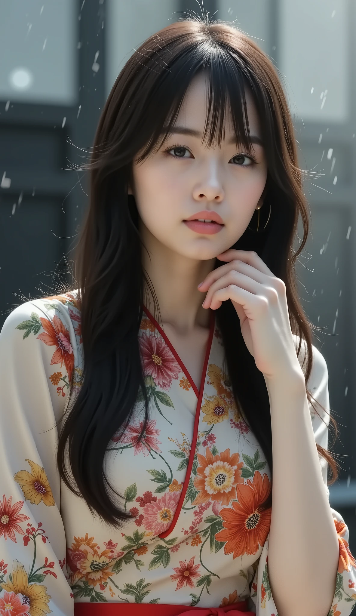 (8k, best quality, masterpiece:1.2), (realistic, photo-realistic:1.37), ultra-detailed,Realistic painting, close-up of a beautiful busty Japanese girl in a kimono gazing at raindrops (falling from the roof) of a Japanese temple, silence, quiet rain, raindrops falling from the roof, diffuse reflection of light, gloomy rainy sky, Kyoto,