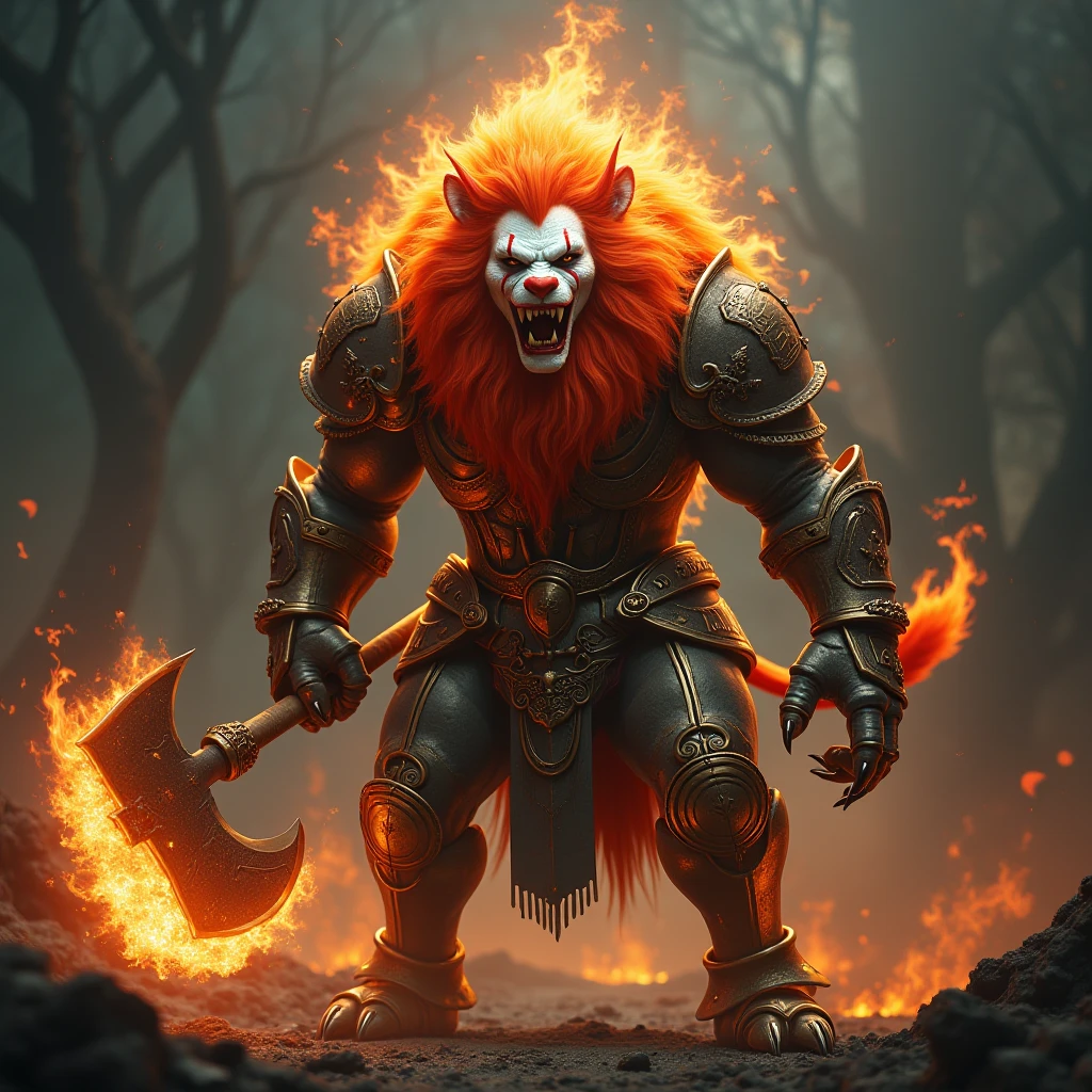 Beastman red fur fangs growl scream armor large spines steel muscular giant wooden club fire mane