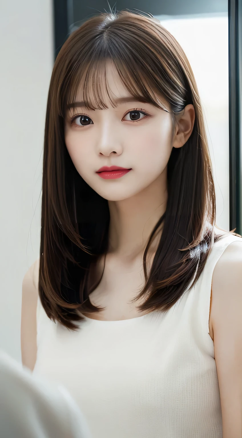 See-through tops、巨乳、キャミソール、くびれ、腹筋、さらさらな髪の毛、(背景にwhite wall、Part of her hair is Light Yellow:1.4)、white wall、Taken in front of the white door、(窓のあるwhite wallの部屋)、((highest quality、8K、masterpiece:1.3))、ultra high resolution、(photorealistic:1.4)、raw photos、Japanese,(details face)、real、Shot in natural light、Highly detailed face and skin texture、highly detailed lips、correct state of the human body、medium hair、black hair、various poses、natural color lip