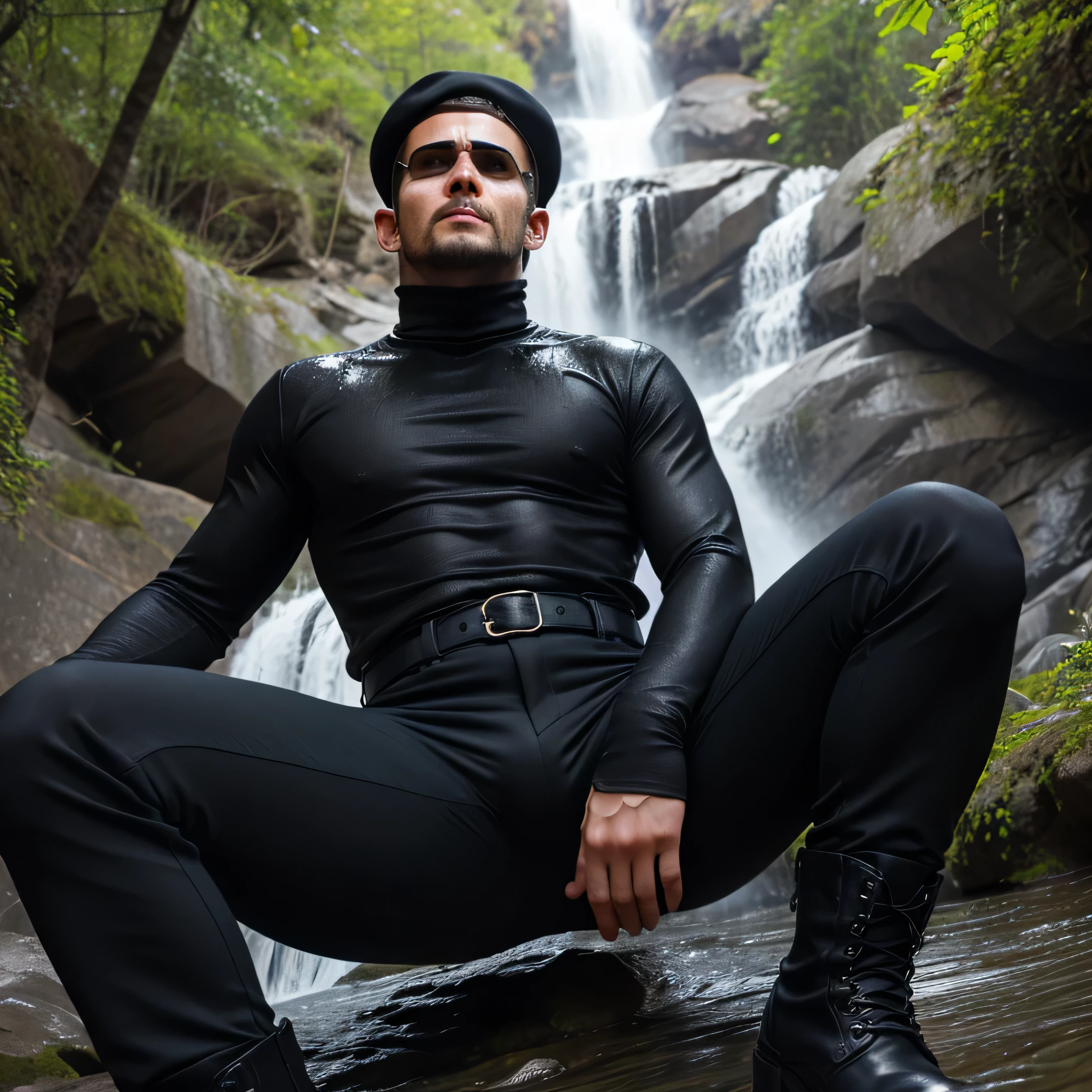 A young man having long legs, thick thighs, large hips, thin and narrow weist, big large feminine body, long legs, thick thighs, large wide hips, very small spikey boyish haircut, wearing formal shirt and leggings, penis growing in his leggings, waterfall, man, man, man small beard, man, man man 