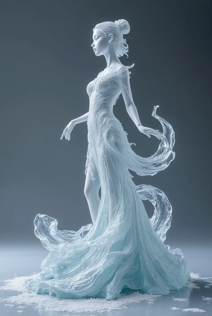 her raised leg is bent back, pointed toes, ankle bracelet, an arm mimics her motion gesture, apparent 4 arms