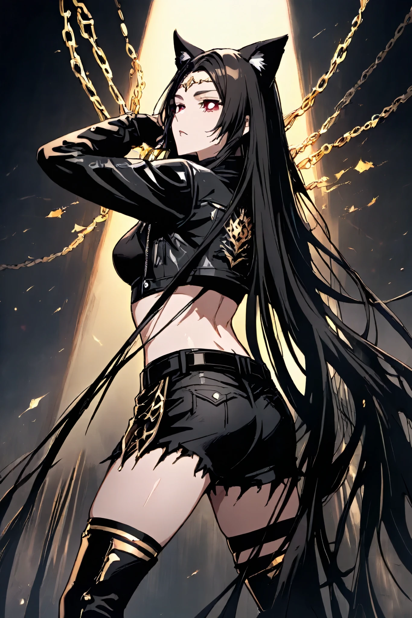 a woman:
hair: Completely covered by the hood of his jacket, which has pointed cat ears and striped patterns Lized. It is insinuated that his hair is very long.
eyes: Black with white pupils, giving it a supernatural and disturbing air.
Clothes:
open black leather jacket, shirtless under , just a sports bra with gold details.
Short, frayed shorts, with a thick belt and hanging chains.
Tall combat boots with metallic details.
fingerless leather gloves .
Mystical tattoos on the abdomen and lower back, that shine when he uses his power.