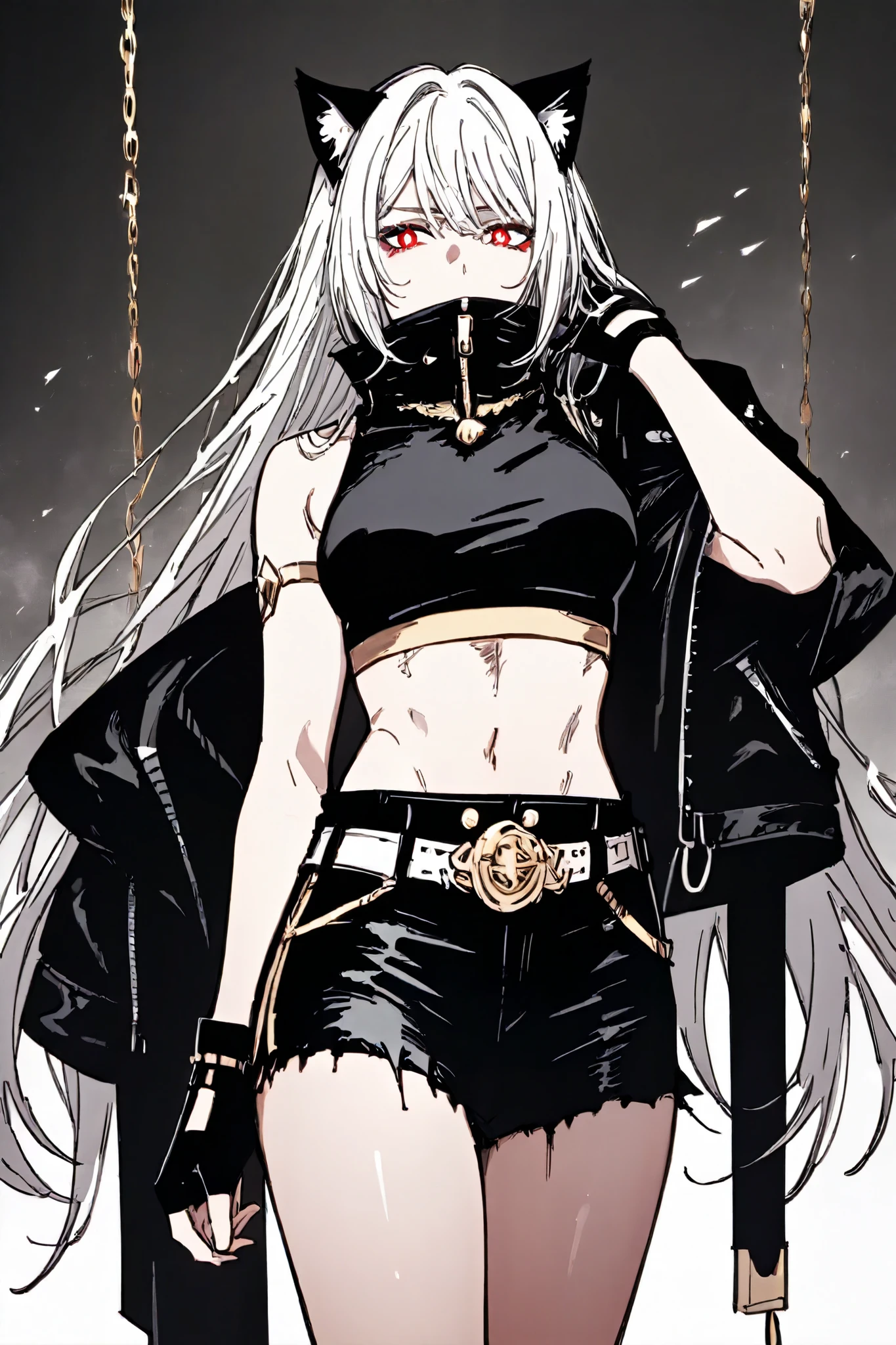 a woman:
hair: Completely covered by the hood of his jacket, which has pointed cat ears and striped patterns Lized. It is insinuated that his hair is very long.
eyes: Black with white pupils, giving it a supernatural and disturbing air.
Clothes:
open black leather jacket, shirtless under , just a sports bra with gold details.
Short, frayed shorts, with a thick belt and hanging chains.
Tall combat boots with metallic details.
fingerless leather gloves .
Mystical tattoos on the abdomen and lower back, that shine when he uses his power.