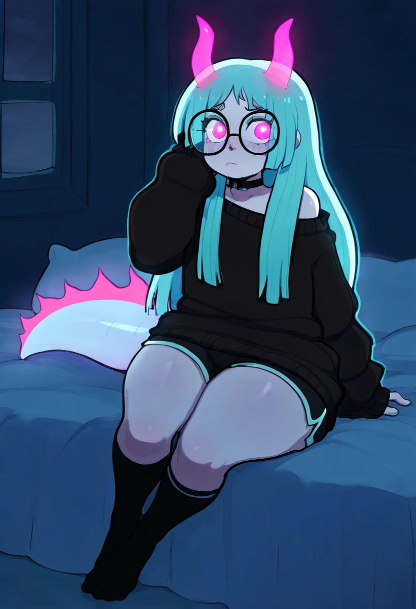 solo, magenta hair, pale skin, neon pink eyes, lean body, femboy, long hair, in bed, black oversize sweater, glowing eyes, round glasses, choker, long sleeves, flat chest, black dolphin shorts, full body, long black socks, hair, light soft blue hair ends, boob window, sitting in bed, horns, light blue and pink horns, glowing horns, smooth transition of colors, lizard tail, glowing tail, knee size socks