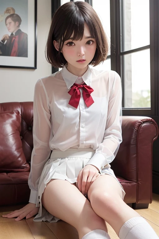 (8K、Raw photo、Highest quality、masterpiece:1.2),(Spread your legs wide,Legs wide open),(Long Bob Cut),Staring at the audience,Viewed from the front,strong,erotic,student,Light green Bra,White skin,knees,(Black Pantyhose),Absurd,Small Face,前hairを真ん中から分ける、The forehead is visible,(Embarrassed,eyeを細めて,Glare,strong,skinny,Sanding,Rage)、masterpiece,Highest quality、Ultra-high resolution,Raw Panties,Len,Beautiful poop,One person, solo,whole body、cute、Back to Students,JK ,high school girl,Japanese women,standing,(Photorealistic:1.37)、Photon Mapping,Realistic、cute顔,茶色のeye、Black socks、(Red bow tie)、Radio City、物理ベースLenダリング、prospect、Depth of written boundary、Blurred Background、picture,Girls、body,Beautiful feet, Long legs, Thin legs,Tie your hair into one strand on your chest,(前hairが見える), hair, Lips, green_eye, Nose Soft,(Light blue shirt), (Navy, blue and white checkered pleated skirt), kneesが見える,See-through clothing,, thigh, black cotton socks,Nogizaka idol, , Japanese Ido、Big ample breasts、Cleavage、Unbutton your shirt to reveal your chest、(The detailed shape of a woman's pubic hair is clearly visible: 1.4), Masturbation Girl,whole body写真、Roll up the skirt yourself、Super Definition、loafers、No pants、No pants、Very good、Very good、No pubic hair、The genitals are wet、In a hotel bed、Dimly lit room、Black kneese-high stockings、Black kneese-high socks、