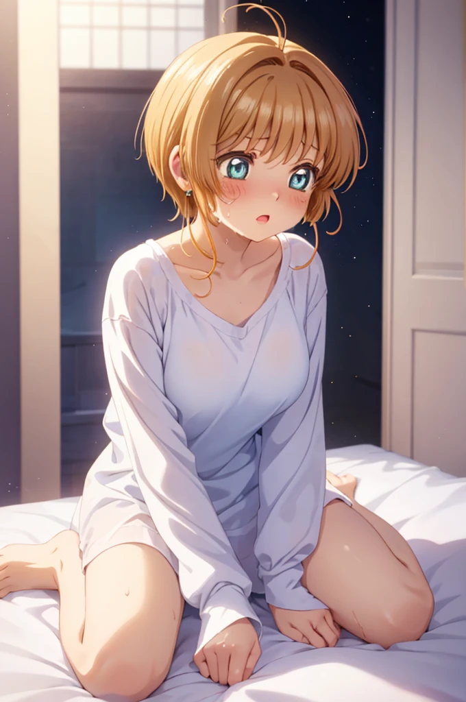 (masterpiece:1.2), unity 8k wallpaper, (beautiful detailed eyes:1.6), extremely detailed face, (kinomoto sakura, green eyes, short hair, two side up, 12 years old, small breast, solo,), spread legs, legs up, white dress shirt, naked shirt,cleavage ,open shirts,large shirts,no panties,bottomless, collarbone, barefoot, show off vagina, embarrassed, open mouth, in the room, on the bed, front view, low angle,