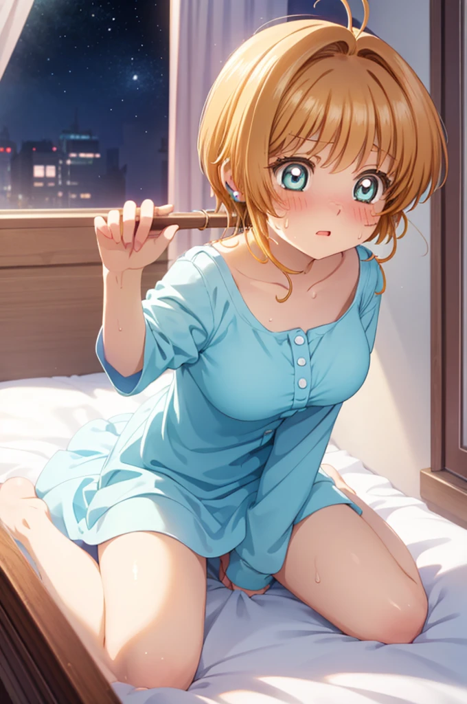 A beautiful girl sitting on the bed near a window, anime girl, ultra cute, 1 girl, (20 years old girl), (aged up), Kinomoto Sakura, model posing, nightgown, near windows, at night, on bed, shining eyes, (realistic eyes: 1.2), (beautiful eyes: 1.2), glossy lips, parted lips, earrings, flushed face, (detailed face), blush, (blush: 1.2), big breasts, femur, beautiful thighs, sexy legs, fair complexion, bright skin, sexy petite body, perfect body, embarrassed, leaning forward, (wariza), from above, (ecstasy:0.8), (slut:0.8), (vulgarity:0.8), (fucked silly:0.8), (steam:0.8), (trembling:1.3),(tears:0.7), sweat, Happily, blush, Surrealism, high detail, anime, modern, Minimalism, anime CG style, depth of field, natural lighting, cinematic lighting, dithering, image fill, multiple views, first-person view, wide shot, perspective, Wide-Angle, f/2.8, 135mm, Sony FE, Sony FE GM, 8k, super detail, UHD, retina, masterpiece, accurate, anatomically correct, textured skin, high details, best quality, highres, 16k