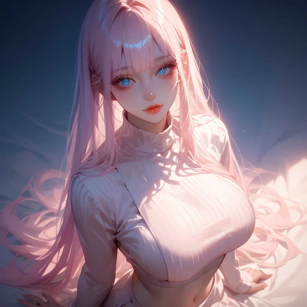 ((pastel pink black, hair, gradient hair ), best quality 、 Masterpiece、( professional lighting )、 surreal、( wearing high heels) , Charming、 slender supermodel 、 one adult female , ((from above, upper body, look at viewer), (slightly larger breasts, midriff peek ), (oily skin ), (Bright, beautiful blue eyes , ((hime cut, long hair)), (black ribbed dress、 Emphasize your breasts、Wide open , revealing clothes))) , ( beautiful face squinting in bright light ),
