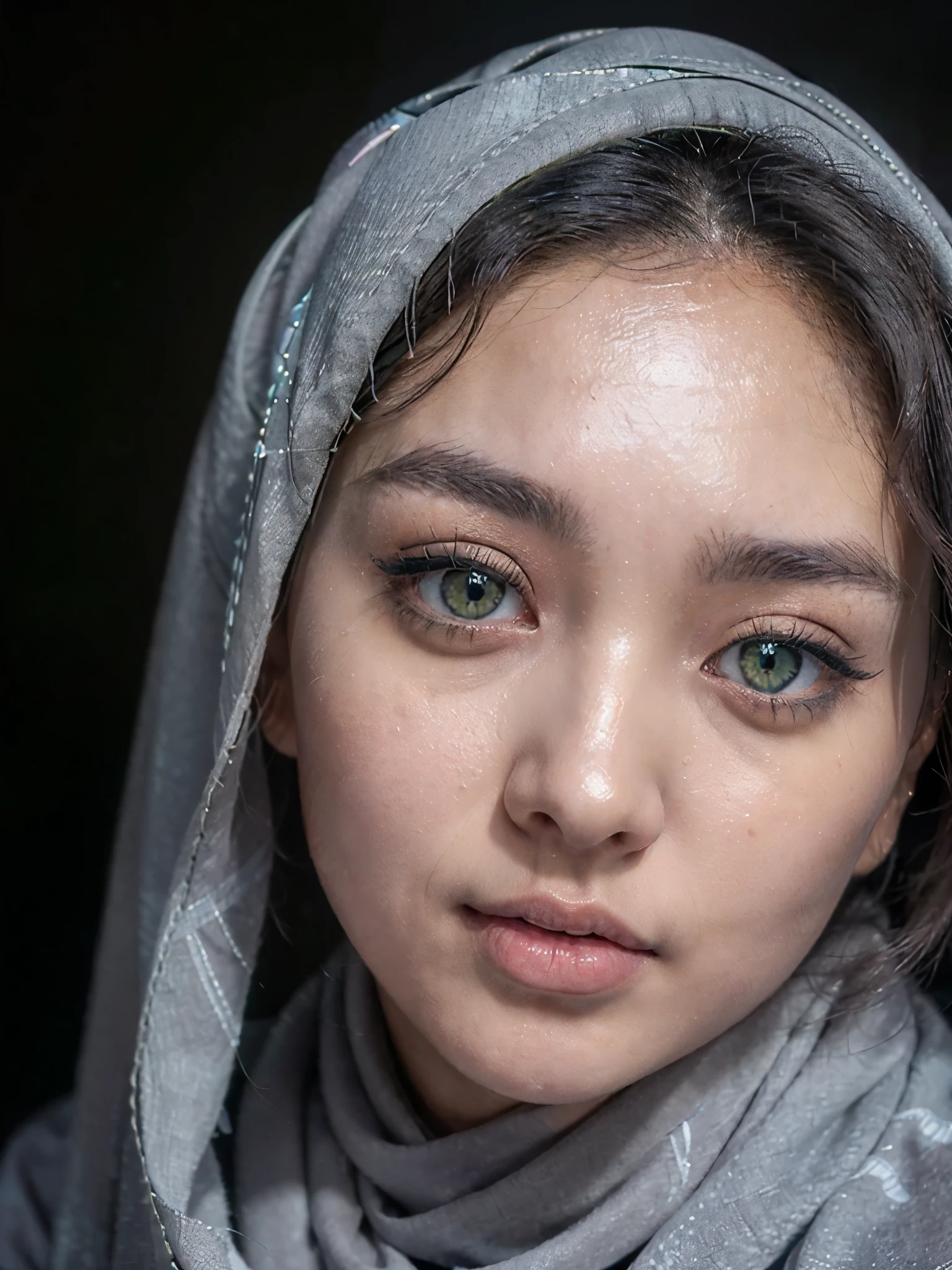 top-quality close-up portrait, ((Beautiful korean girl, wearing grey pashmina hijab, black color shirt, oversized shirt, longsleeve):1.5), bewitching face, ((idols likeness):1.4), ((beautiful detailed eyes, cute greenish eyes, beautiful detailed lips, sharp nose, detailed face, oval face shape, flawless):1.3), ((Elegant looks:1.3)), mesmerizing expression, allure gaze, ((slim body, slender body posture, soft and smooth skin, natural skin tone):1.4), ((attractive girls, posing cute):1.42),Detailed smooth photorealistic, stares at the camera, ((artistic dark background, cozy atmosphere):1.3), ((vivid colors, cinematic lighting photon mapping, high contrast, intricate details, perfect composition, artistic photograph, 8k, smooth photorealistic, masterpiece):1.3), ((closeźup angle, seen from forward):1.2))
