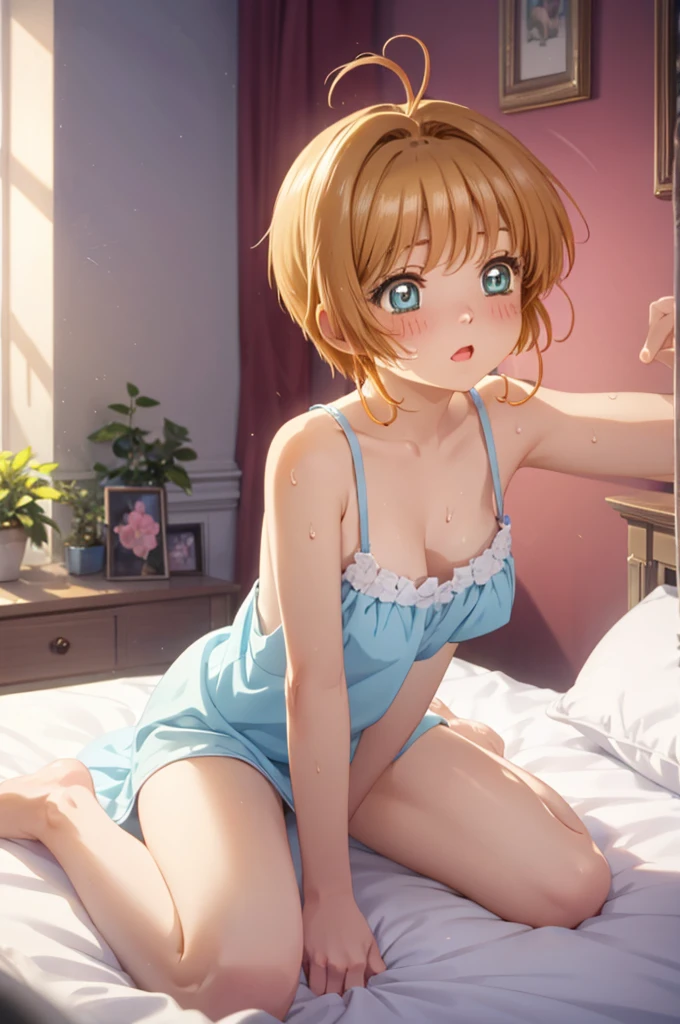 A beautiful girl sitting on the bed near a window, anime girl, ultra cute, 1 girl, (20 years old girl), (aged up), Kinomoto Sakura, model posing, nightgown, near windows, at night, on bed, shining eyes, (realistic eyes: 1.2), (beautiful eyes: 1.2), glossy lips, parted lips, earrings, flushed face, (detailed face), blush, (blush: 1.2), big breasts, femur, beautiful thighs, sexy legs, fair complexion, bright skin, sexy petite body, perfect body, embarrassed, leaning forward, (wariza), from above, (ecstasy:0.8), (slut:0.8), (vulgarity:0.8), (fucked silly:0.8), (steam:0.8), (trembling:1.3),(tears:0.7), sweat, Happily, blush, Surrealism, high detail, anime, modern, Minimalism, anime CG style, depth of field, natural lighting, cinematic lighting, dithering, image fill, multiple views, first-person view, wide shot, perspective, Wide-Angle, f/2.8, 135mm, Sony FE, Sony FE GM, 8k, super detail, UHD, retina, masterpiece, accurate, anatomically correct, textured skin, high details, best quality, highres, 16k