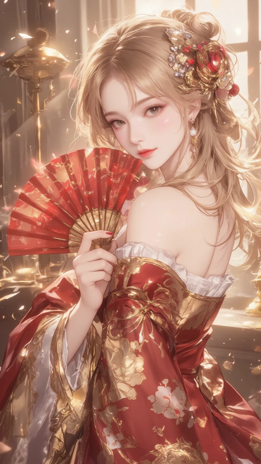 Need,tmasterpiece,A high resolution,(Delicate figure:1.5),Absolutely beautiful,(Milky skin:1.3),exquisitedetails,A high resolution,Wallpapers,1female,独奏,shift dresses,hair adornments,(((Golden and red dress)) ), florals, long whitr hair, A brown-haired, Keep one's mouth shut, trinkets, longer sleeves, Raise Hand, Wide sleeves, Big eyes, Fluttering, Hanfu, Hanfu, embroidery, long skirt, natural poses,Lie down in bed, falling flower petals, inside in room, Fanning,lanterns,16K,HDR,A high resolution,depth of fields,(filmgrain:1.1),Bocoon,prime time,(lens flare glow),Vignette,rainbowing,(Color:1.5),Naked all over the body