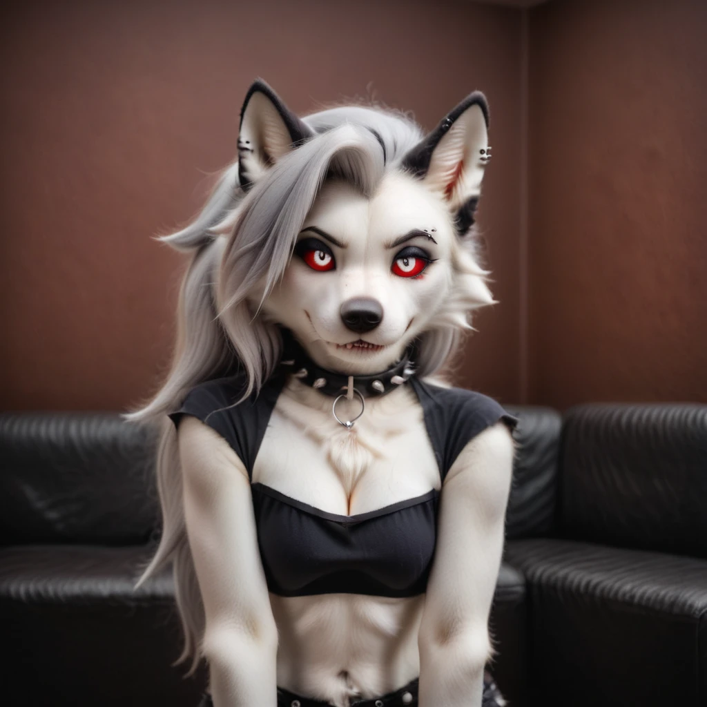 highres, 1girl, (((hair cover one eye, loona shorts, detailed face, spiked collar, pentagram on chest, long legs, bored face, feet, loona tail, room ,indoors, loona gloves, standing and leaning against background))), solo, crop top, medium breasts, full body, tummy, slim waist, big hips, ((((front)))), loona, black thighhighs, furry, fur, anthro, red eyes, paws