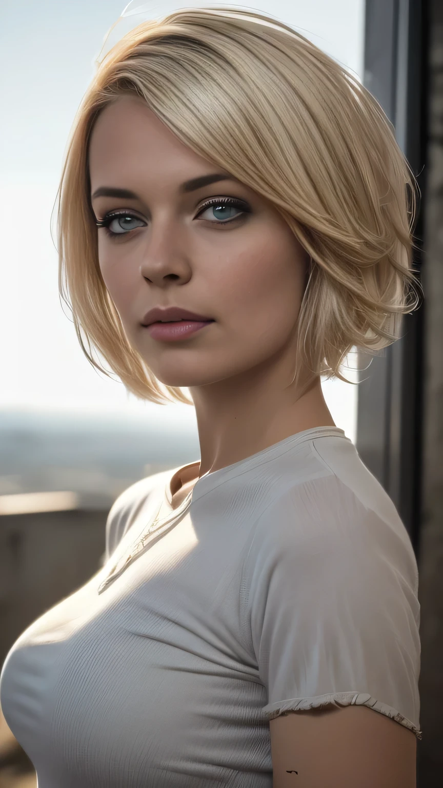 photo of Aliy Eve, RAW, beautiful woman, ((portrait)), ((detailed face:1.2)), (clear skin, glossy lips, clear skin), (very short hair, short hair with fringe, messy wind swept streaked blonde hair, platinum-blonde hair: 1.55), (perfect proportioned body, Strong, muscular, narrow waist, narrow hips, skinny, medium breasts), ((wearing mass effect n7 armor), (realistic photo, best quality, detailed), (8k wallpaper), (bright cinematic lighting, lens flares, beautiful light, (noon:1.3)) (sharp focus, intricate)
