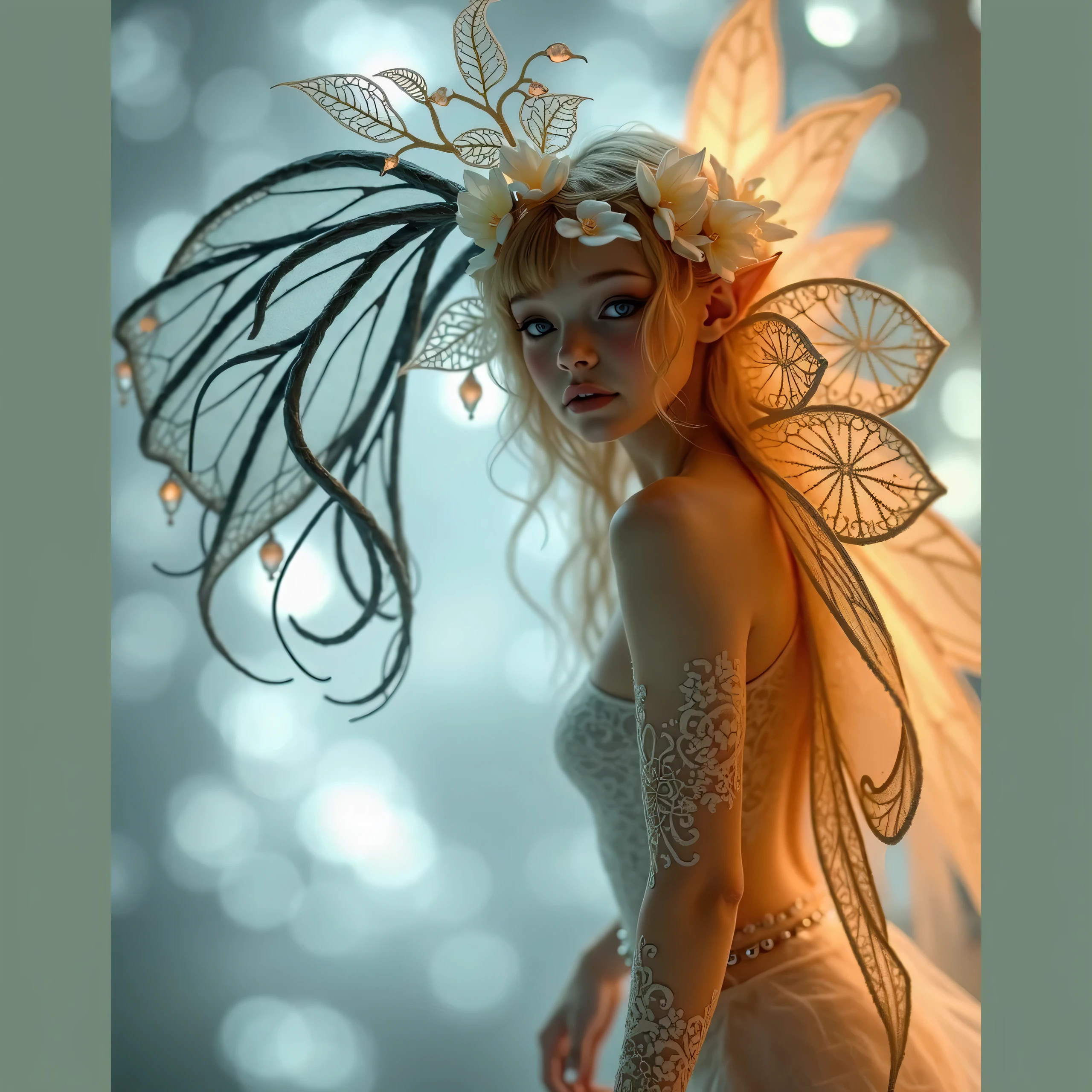 There is a woman wearing flowers woven with turquoise，In dance，Butterflies fluttered around her, beautiful  face，Nice big eyes，Fair, Delicate and Smooth Skin，Accurate hands，perfect body figure，Accurate human anatomy，White space，stunning 3d render of a fairy, Ethereal beauty, Ethereal fantasy, Unexpected surprise，a stunning young ethereal figure, karol bak uhd, high fashion fantasy, fantasy. Intricate, Goddess. Extremely high detail, fantasy beautiful, ethereal details,ethereal skin，tmasterpiece，4K,professional photoshooting，