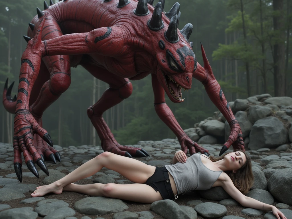 A fantasy cinematic still of an alien creature with long arms and large claws standing over the body of beautiful woman lying on the ground. The monster has red skin with black stripes running down its back, its mouth is open showing sharp teeth. In front, there's a beautiful young woman wearing casual attire sleeping laying on his side on rocks. 