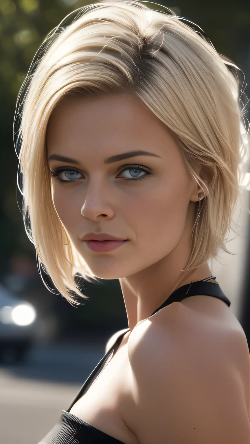 photo of Aliy Eve, RAW, beautiful woman, ((portrait)), ((detailed face:1.2)), (clear skin, glossy lips, clear skin), (very short hair, short hair with fringe, messy wind swept streaked blonde hair, platinum-blonde hair: 1.55), (perfect proportioned body, Strong, muscular, narrow waist, narrow hips, skinny, medium breasts), ((wearing futuristic mass effect armor), (realistic photo, best quality, detailed), (8k wallpaper), (bright cinematic lighting, lens flares, beautiful light, (noon:1.3)) (sharp focus, intricate)