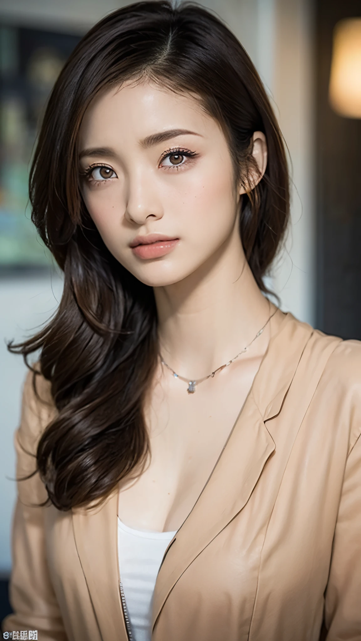 ((Best quality, 8K, Masterpiece :1.3)), Sharp focus :1.2, perfect figure beautiful woman:1.4, Slim abs:1.2, ((Layered Hair Style, large tit:1.2)), (jacket and bra , bra strap), (parks:1.2), Highly detailed facial and skin texture, A detailed eye, double eyelid, necklace, fullbody, mid-shot