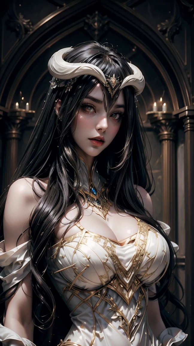 lamplight, Close-up cleavage, beautiful woman, gold eyes, (Detailed eyes, The eyes are bright:1.2), Long black hair, pale-skinned, earrings, necklace, medium skin, dark blue dress, Meticulous gown, golden accessories on clothes, dark blue flowers (perfect anatomia:1.2), Highqualityshadow, natural lightting, (White highlights:1.2),overcast day, (starrysky:1.2), (shining)