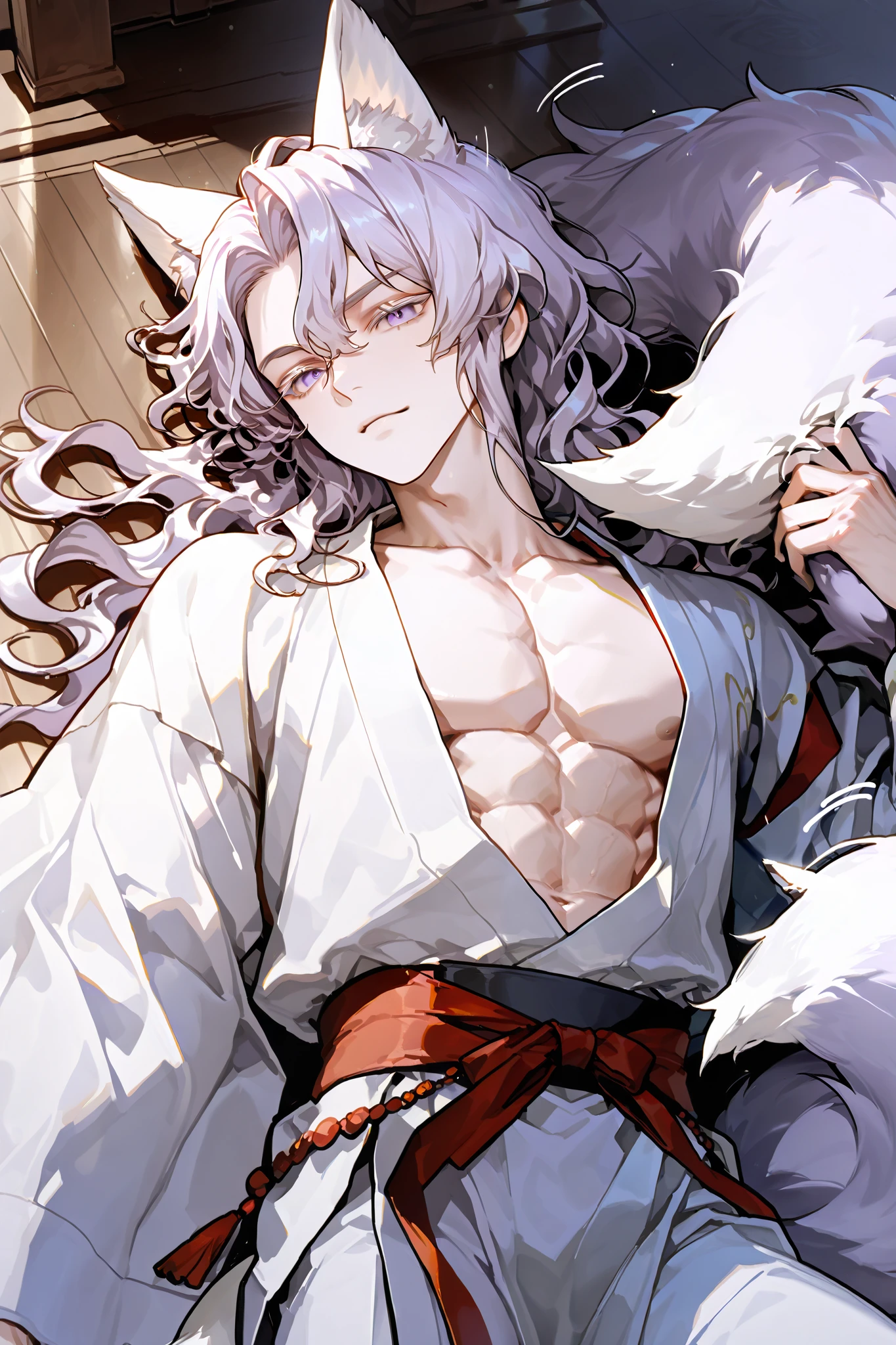 anime - style image of a man with a cat's head and a cat's tail, white - haired fox, onmyoji portrait, yee chong silverfox, onmyoji detailed art, onmyoji, white haired deity, white fox anime, vampire white fox, handsome japanese demon boy, fit male demon with white horns, heise jinyao  The scene is set in a serene garden with lanterns lighting up the path and a traditional house in the background. The atmosphere is calm and enchanting with soft lighting highlighting the man's delicate features and the surrounding greenery. Pixiv art style, 4K, masterpiece, highest quality.