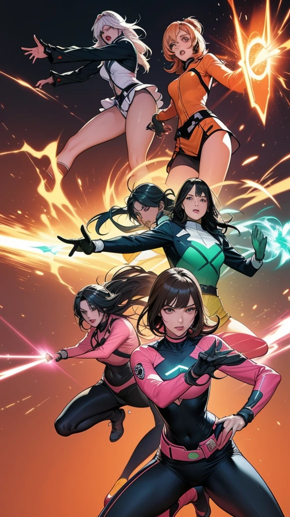 A brave and courageous image of a 6 member ranger team, Each one is decorated in vibrant colors such as:: Neon Pink, Fire engine red, plasma violet, Fluorescent Green, shocking yellow metallic blue. Dynamic poses in a background that exudes energy and courage, Embodying the essence of the classic Sentai superhero team. Each Ranger:: The attire is sophisticated and modern, Each color has elements that reflect its theme., Ready for action. ((Camel Toe))
