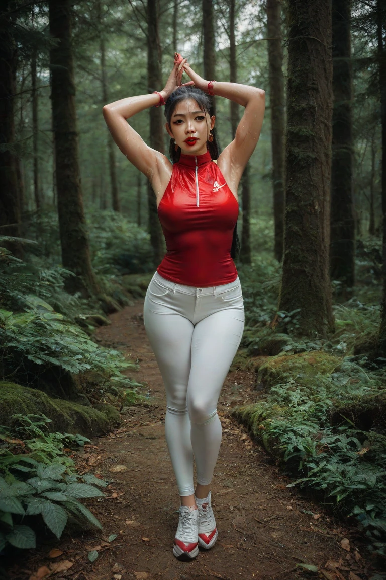 ((best quality)), ((Masterpiece)), (4k details), photorealistic, full body, (((Asian old woman))), ((Age 70)), Red tight rubber leggings, white cotton shirt , Orange leather waist band, Big muscles, Twintail Hairstyles, photographer, Nude,
