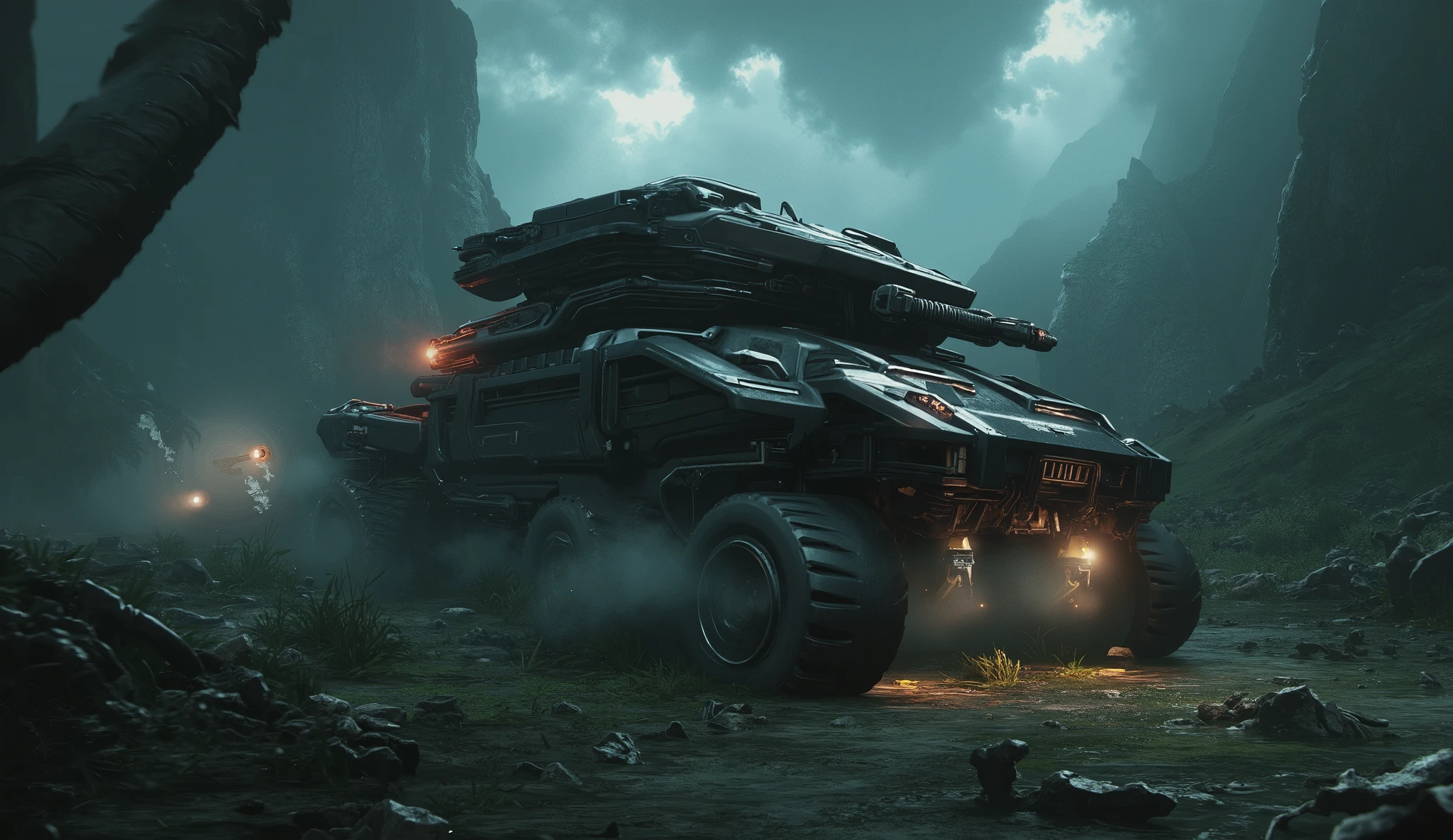 2. ThunderProwler – High-Speed Attack Tank
"In the heart of a war-ravaged alien jungle, the ThunderProwler—a state-of-the-art, panther-like attack tank—moves with unnatural agility. Its massive, all-terrain adaptive treads shift effortlessly between muddy swamps and jagged rock formations, leaving deep trenches in its wake. The vehicle’s sleek, midnight-black armor absorbs the faint glow of the surrounding neon plant life, making it nearly invisible as it stalks forward. Its plasma turret, shaped like the fanged maw of an ancient predator, pulses with stored energy, ready to annihilate enemy sentries guarding a long-lost ruin. In the distance, mechanical war machines awaken, but the ThunderProwler never hunts alone—it is the vanguard of a greater storm."