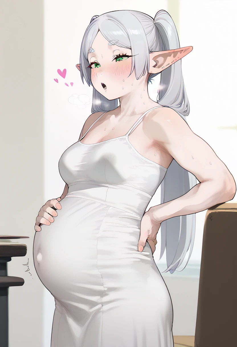 Anime. Young woman. Elf. Slave. Pregnant. Barren pregnancy. Slave collar. Shackles. Dirty tunic. Torn tunic. Blonde. Long hair. Green eyes. Beautiful eyes. Pointy ears. Cold. Runny nose. Sneeze. Sneezes. Snot flows from the nose. Covers his nose with his hands. Snot runs from the nose to the palms after sneezing. Contractions. Waste water Loss of amniotic fluid after sneezing. Full body.