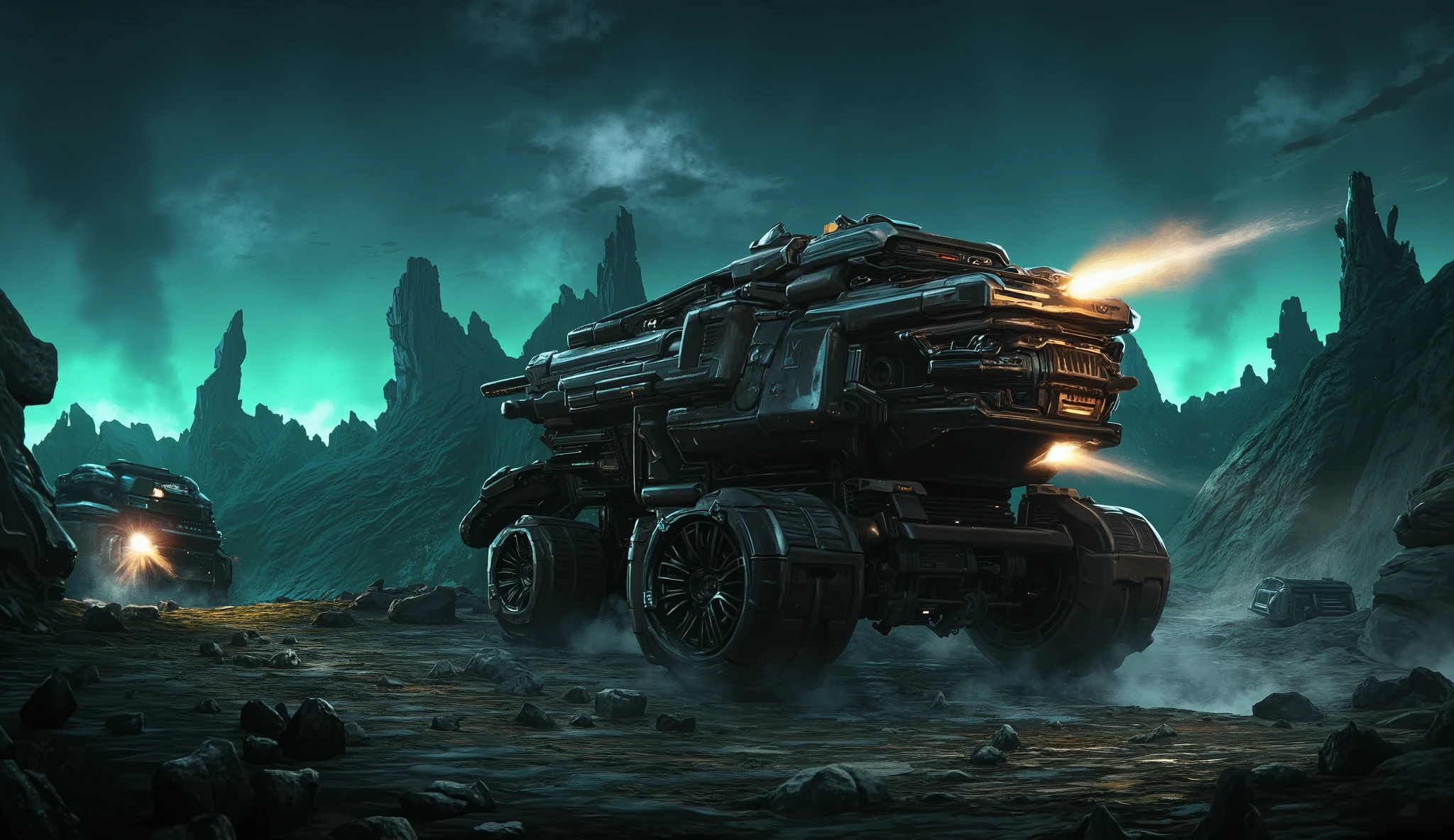 2. ThunderProwler – High-Speed Attack Tank
"In the heart of a war-ravaged alien jungle, the ThunderProwler—a state-of-the-art, panther-like attack tank—moves with unnatural agility. Its massive, all-terrain adaptive treads shift effortlessly between muddy swamps and jagged rock formations, leaving deep trenches in its wake. The vehicle’s sleek, midnight-black armor absorbs the faint glow of the surrounding neon plant life, making it nearly invisible as it stalks forward. Its plasma turret, shaped like the fanged maw of an ancient predator, pulses with stored energy, ready to annihilate enemy sentries guarding a long-lost ruin. In the distance, mechanical war machines awaken, but the ThunderProwler never hunts alone—it is the vanguard of a greater storm."
