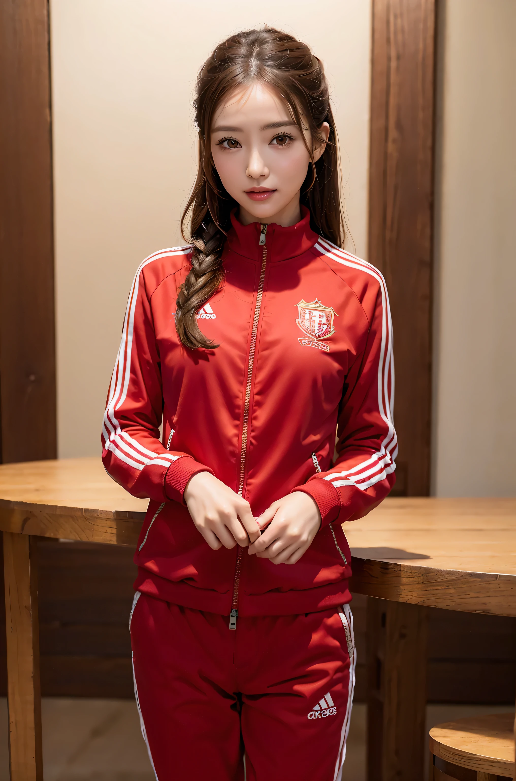 ( top quality、 table top、8k、 best image quality、 Award-Winning Works )、  、  輝くbeautiful肌 、( most stylish red tracksuit :1.2)、( when you open the jersey {x} you can see small creevages:1.3)、( most natural and perfect tracksuit :1.2)、Tel' Ultra high definition skin 、( accurate :1.2)、 looking at with a gentle smile 、(Photo taken from  up:1.1)、( face up:1.05)、 She is standing gracefully、(blurry high school ground background :1.2)、 Portrait Photography 、(Draw softly and smoothly:1.1)、(  very bright and vibrant :1.1)、  very romantic  、光を受けて  輝くbeautiful肌 、(  Very bright and fresh   :1.1)、(  perfect and perfect face  :1.1)、( Most Exquisitely Glowing Eyes  :1.1)、(beautiful,  moisturized skin for married:1.1)