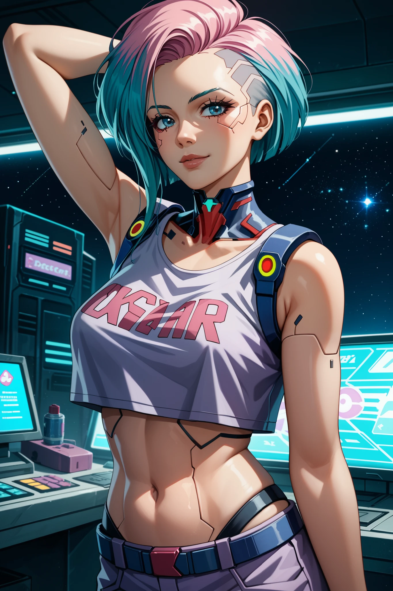 (tomboy woman DJing on turntables on stage at EDM festival:1.3), EDM event lighting effects, on stage in front of crowd, giant futuristic screens in background, neon room, (white cropped jacket:1.1), (vivid glowing blue eyes:1.2), (white hair:1.2), (cyan streaks in hair:1.2), high ponytail, (cocky smirk:1.2), (abs:1.2), rave lights, (lasers in background:1.2), glowing light strips on clothes, slim build, looking at viewer, giant speakers in background, beautiful glossy reflective detailed eyes, (high leg panties:1.2), (white cargo pants:1.3), (thin straps over hip bones:1.3), (hip straps:1.3), (side shave:1.3), (undercut:1.2), defined hip bones, cleavage, lean
