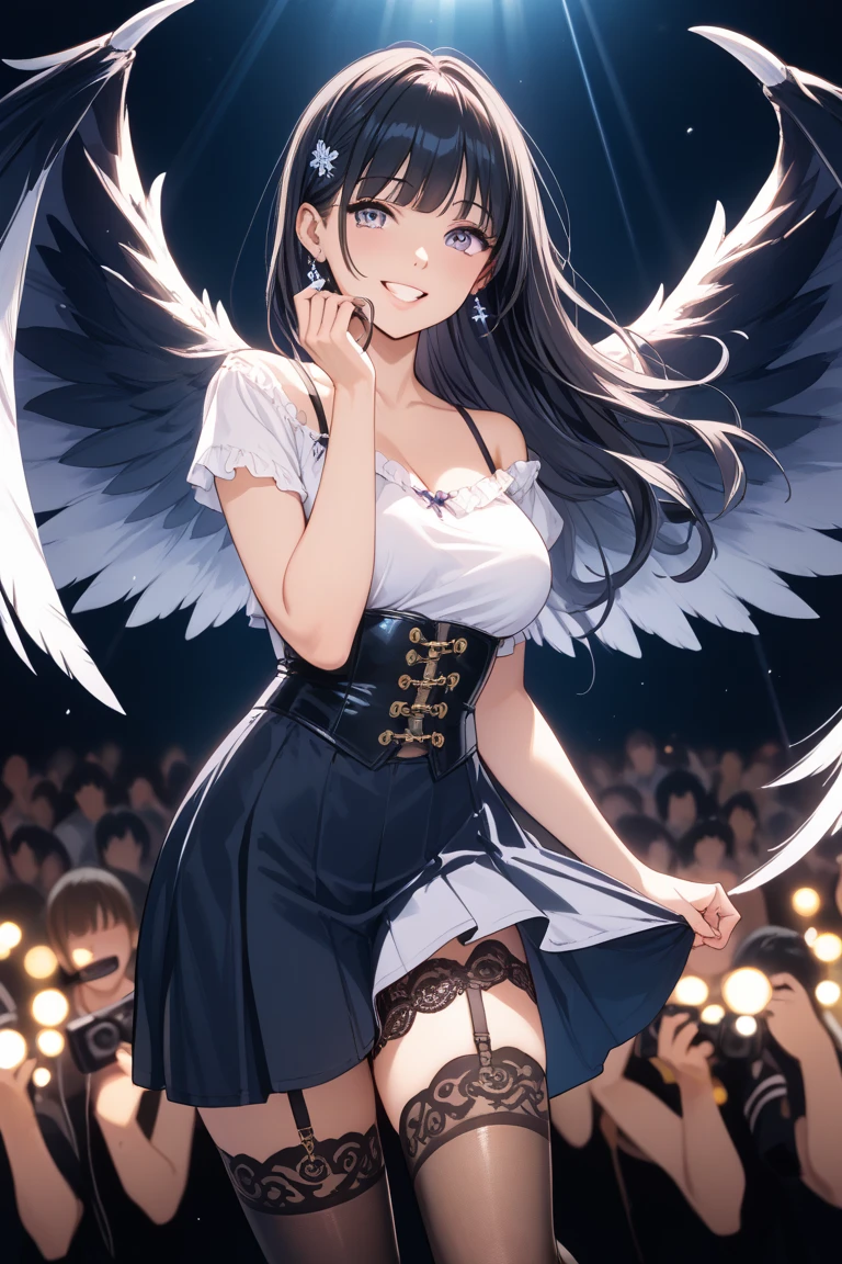 black hair, curly hair, crossed bangs, hair over shoulder, messy hair, very long hair, happy tears, glaring, clenched teeth, blush, fang out, angel wings, bottomless, slender body, 12years old, meadow, peeing, cowboy shot, from below, 8k, super detail, masterpiece, best quality