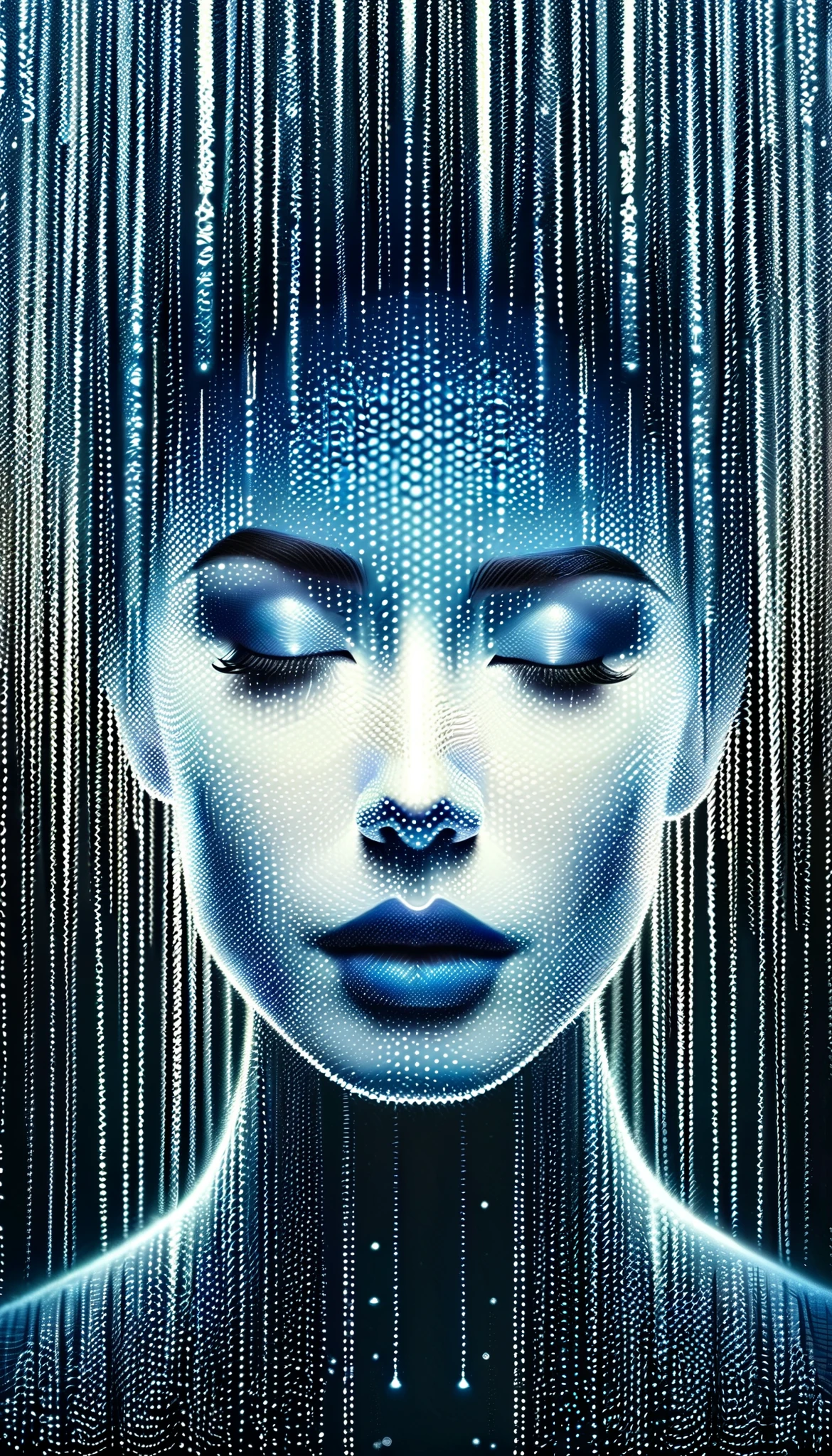 blue and white style digital art，Raindrops Dripping from the Roof /Raindrops under the eaves。image consists of countless tiny dots of light，These light spots outline the character's outline and facial features against a dark background。This dotted visual effect creates a sense of technology and the future，and gives the picture a mysterious and abstract atmosphere