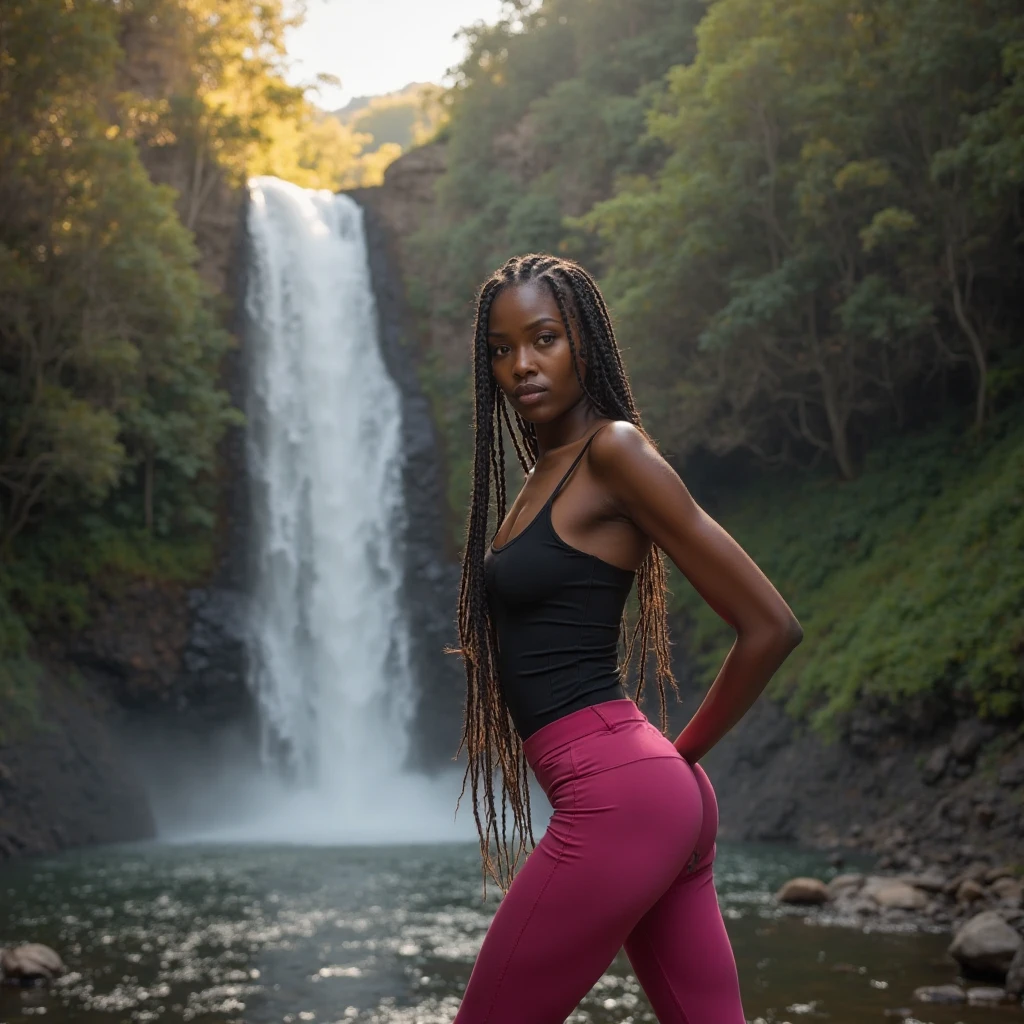 Beautiful 22 year old East African woman with frame and small perky breasts standing and posing on a bridge in Thailand with a waterfall in the background, long t-shirt, black leggings, fully clothed, African jewelry, braids, dark brown skin, full-body portrait hyperrealism