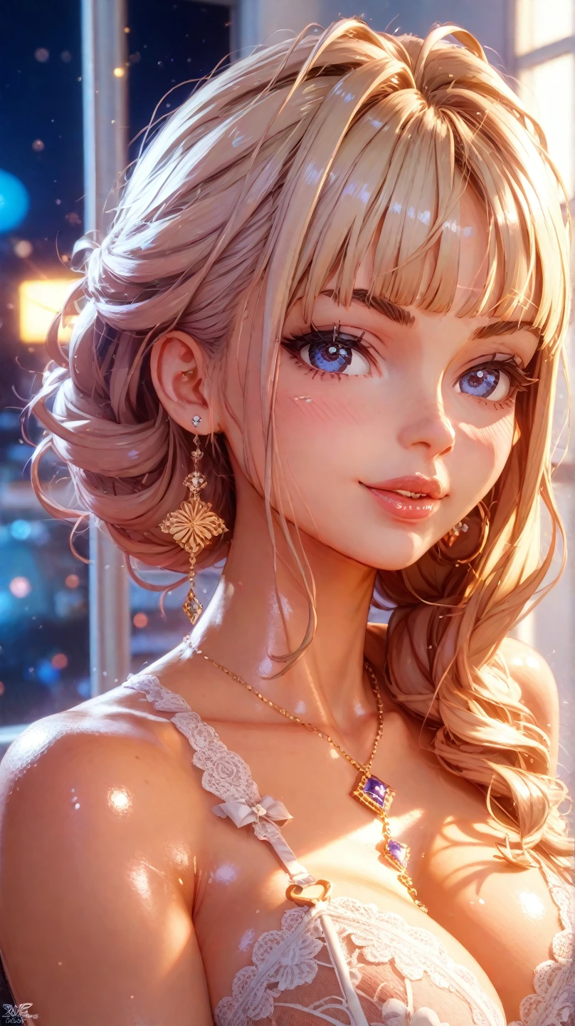 (((obra maestra))), Super detailed, (flirtatious expression), white silk, ((cara super linda y tierna)), ((cara angelical)), ((Incredibly beautiful eyes, (ojos luminosos), (cuerpo completo), (cabello luminoso), Super sexy hair, cabello multicolor, (Delicate and perfect tricks), (Perfect anatomy), Super delicate and sexy body, Pose sexy, (Super thin face), Delicate features, ultra detalladas, mejor calidad, Cinematic lighting, belleza cautivadora, mirada sexy, bonito fondo de estrellas