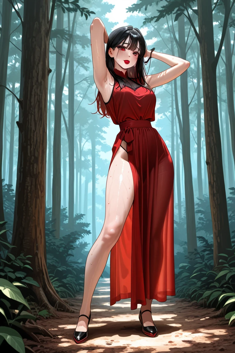 araffe woman in a red dress, magical outdoor location, lorena avarez, perfect body, green eyes, in a red dress, sexy red dress with massive slit in the centre revealing sexy legs, wearing a longv red dress, wearing a long red dress, tight dress, curvy hourglass figure, woman wears a long red dress, curvy model, long red dress, irina nordsol kuzmina, profile pic, curvy figure, huge breasts, tall, sexy pose.