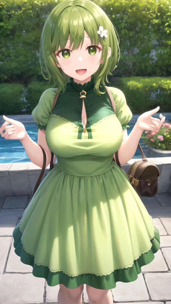 chubby girl, blonde, green eyes, medium length hair, black square-rimmed glasses, open forehead, no bangs
long dress, green dress, Beautiful dress, elegant 
red hairpin, a hairpin in the hair