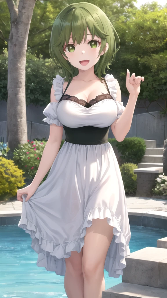 masterpiece, ultra high-quality, extremely detail 8k cg, high resolution, 1girl, pakura, green hair, orange eyes, thin body, huge breasts, bursting breasts, evening gown, halterneck, criss-cross halter, high heels, choker, beautiful face, outdoors, garden, night time, full shot photo, full body