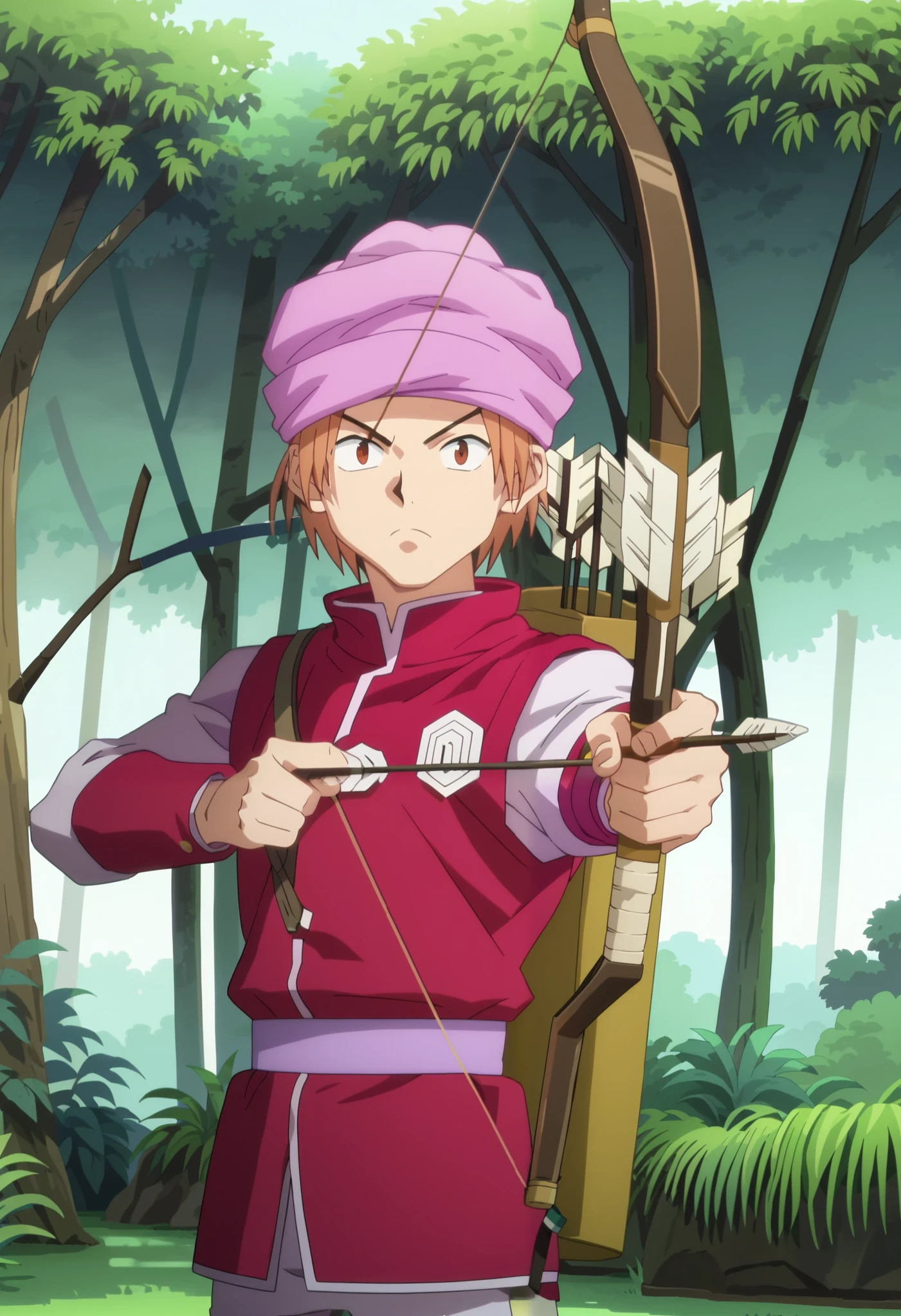 score_9, score_8_up, score_7_up, source_anime, rating_safe, intricate details, anime screencap, anime coloring, official style, looking at viewer, 1boy, solo, male focus, pokkle_hxh, brown hair, brown eyes, short hair, purple hat, arrow, \(projectile\), outdoors, forest, trees, grasses, rocks, jacket, cowboy shot, drawing bow (weapon), aiming at viwer, arrow (projectile), bow (weapon),holding bow (weapon),aiming, (serious face:1.2), front view, 