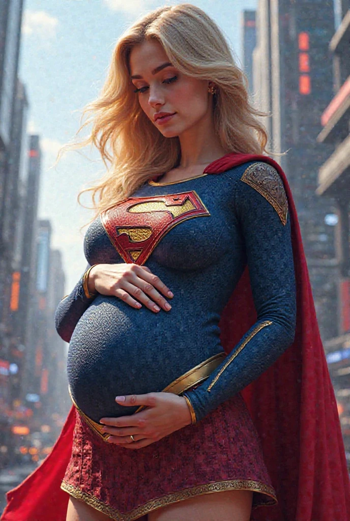 (best quality,4k,8k, high res, masterpiece:1.2),ultra-detailed, realistic, photorealistic:1.37, Supergirl, hyper pregnant,  hyperathletic, ,  huge pregnant belly, hovering off the ground, supergirl costume is tight and strained, red cape flow in the breeze