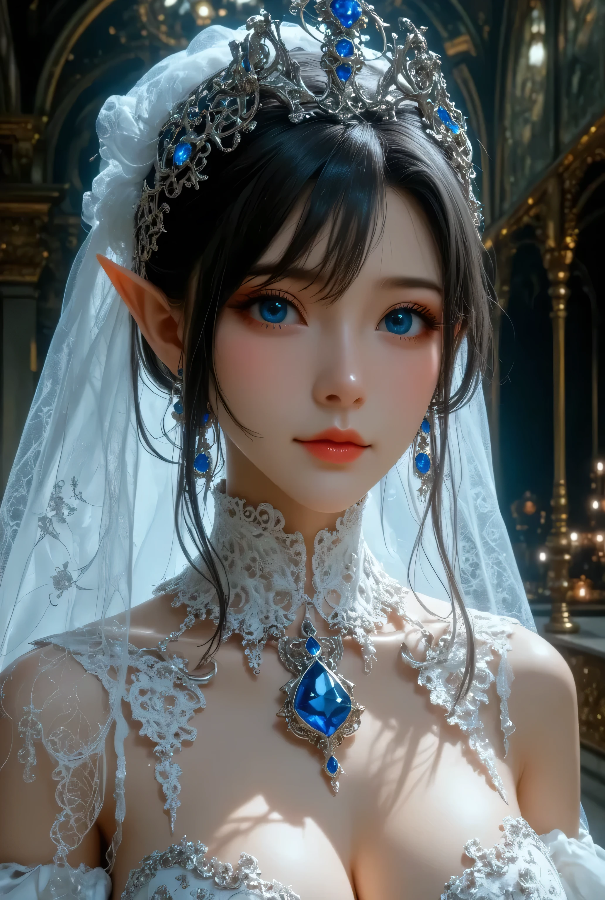 best quality , Super quality, 16k, Unbelievably Absurd, very detailed, lovely photo, delicate and dynamic, Kiri Reina female, seductive smile, pure white wedding dress , great style , bouquet, steampunk, DIESEL PUNK , clock punk , cyberpunk, Glitter effect, shining jewelry, shining big beautiful blue gem at necklace, red cheek, black hair, cinematic lights, blue shining lights at her dress