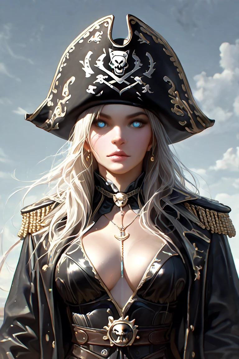 young demonic undead girl, dark pirate, on a ghost ship, evil look, dark make-up, ripped clothes,combat stance, wielding a sword, long pirate coat, pirate hat, highly detailed, vibrant appearance, creative behavior, extremly detailed, imaginative, sensual, spontaneous, highest quality, skin texture, intricate details, (cinematic lighting), RAW photo, 8k, masterpiece,best quality,ultra-detailed,very detailed illustrations,extremely detailed,intricate details,highres,super complex details,extremely detailed 8k cg wallpaper,
