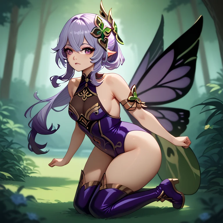 ASCII(score_9, score_8_up:1.1), score_7_up, 1girl, , black hair, long hair, butterfly wings, glossy black skirt, glossy black top, void forest, sitting on rock, crossed legs, purple water, magical, golden tiara void