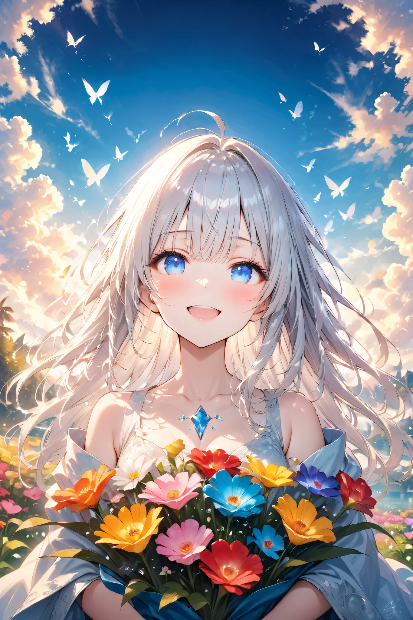 (Best quality,16k, Full HD,High resolution,Masterpiece:1.2),Super detailed,(Actual, Realistic),highly detailed, top quality, soft skin,Portrait, break, ((clear blue eyes:1.2)),smiling eyes,beautiful eyelashes,beautiful lower eyelashes, break, ((Beautiful and shiny long silver hair:1.3)),A dazzling smile, a bursting smile, an open mouth laugh, slightly larger chest,1 girl,break,((Give a large bouquet:1.5)),wearing a flowing ethereal dress in a lush garden surrounded by vibrant flowers and butterflies. The girl's features are highly detailed, with delicate eyelashes, perfectly defined lips on her face. The garden is filled with a variety of colorful flowers, creating a visually fascinating scene. .Intricate patterns and mesmerizing details enhance the overall beauty of the image. The colors used are vibrant and lively, with a harmonic blend of warm and cool colors. The light in the scene is soft and diffused, casting a gentle glow on the girl and the garden, adding a touch of magic to the piece.