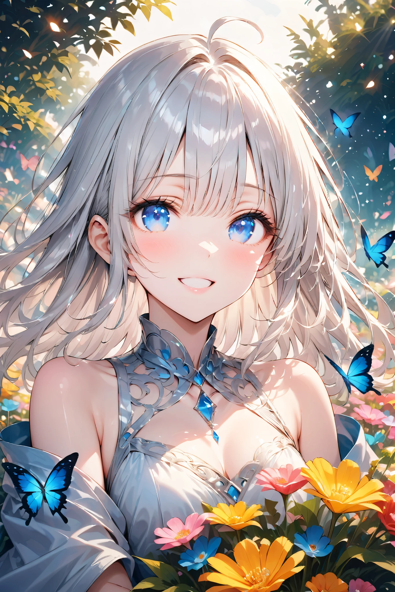 (Best quality,16k, Full HD,High resolution,Masterpiece:1.2),Super detailed,(Actual, Realistic),highly detailed, top quality, soft skin,Portrait, break, ((clear blue eyes:1.2)),smiling eyes,beautiful eyelashes,beautiful lower eyelashes, break, ((Beautiful and shiny long silver hair:1.3)),A dazzling smile, a bursting smile, an open mouth laugh, slightly larger chest,1 girl,break,((Give a large bouquet:1.5)),wearing a flowing ethereal dress in a lush garden surrounded by vibrant flowers and butterflies. The girl's features are highly detailed, with delicate eyelashes, perfectly defined lips on her face. The garden is filled with a variety of colorful flowers, creating a visually fascinating scene. .Intricate patterns and mesmerizing details enhance the overall beauty of the image. The colors used are vibrant and lively, with a harmonic blend of warm and cool colors. The light in the scene is soft and diffused, casting a gentle glow on the girl and the garden, adding a touch of magic to the piece.