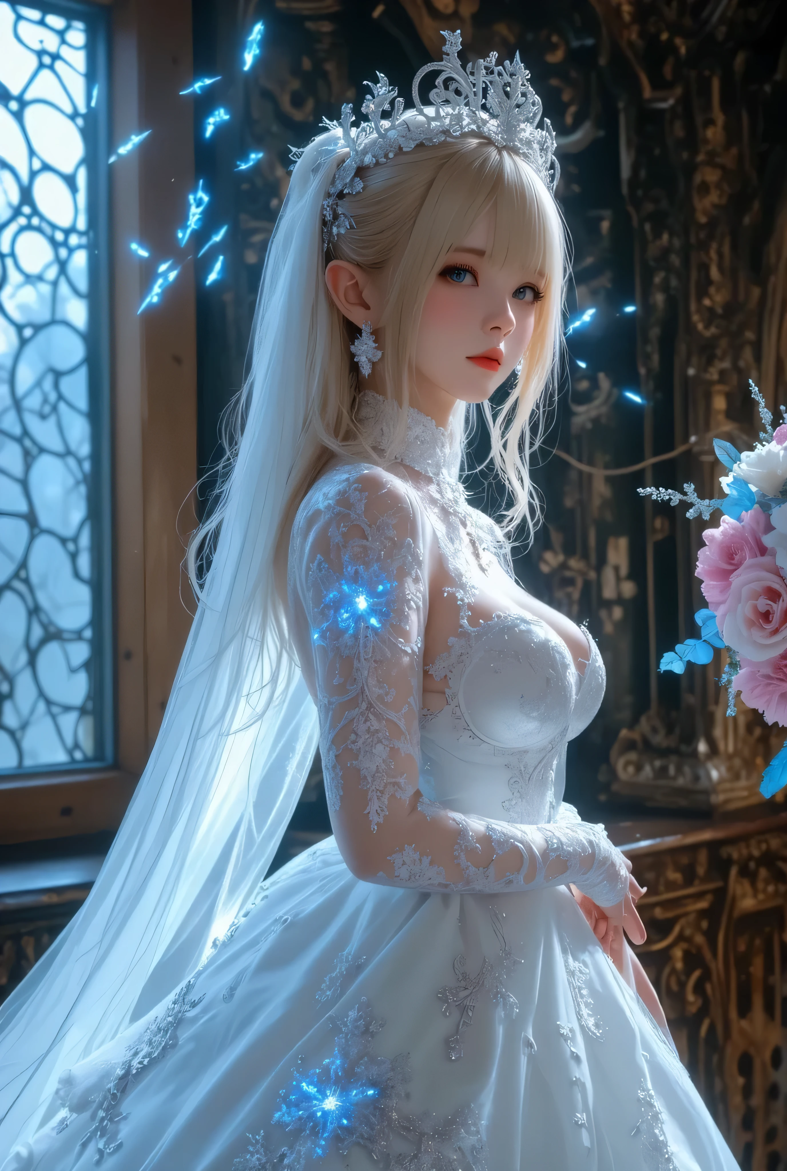 best quality , Super quality, 16k, Unbelievably Absurd, very detailed, lovely photo, delicate and dynamic, Kiri Reina female, seductive smile, pure white wedding dress , great style , bouquet, steampunk, DIESEL PUNK , clock punk , cyberpunk, Glitter effect, shining jewelry,blue magic lights at dress,
