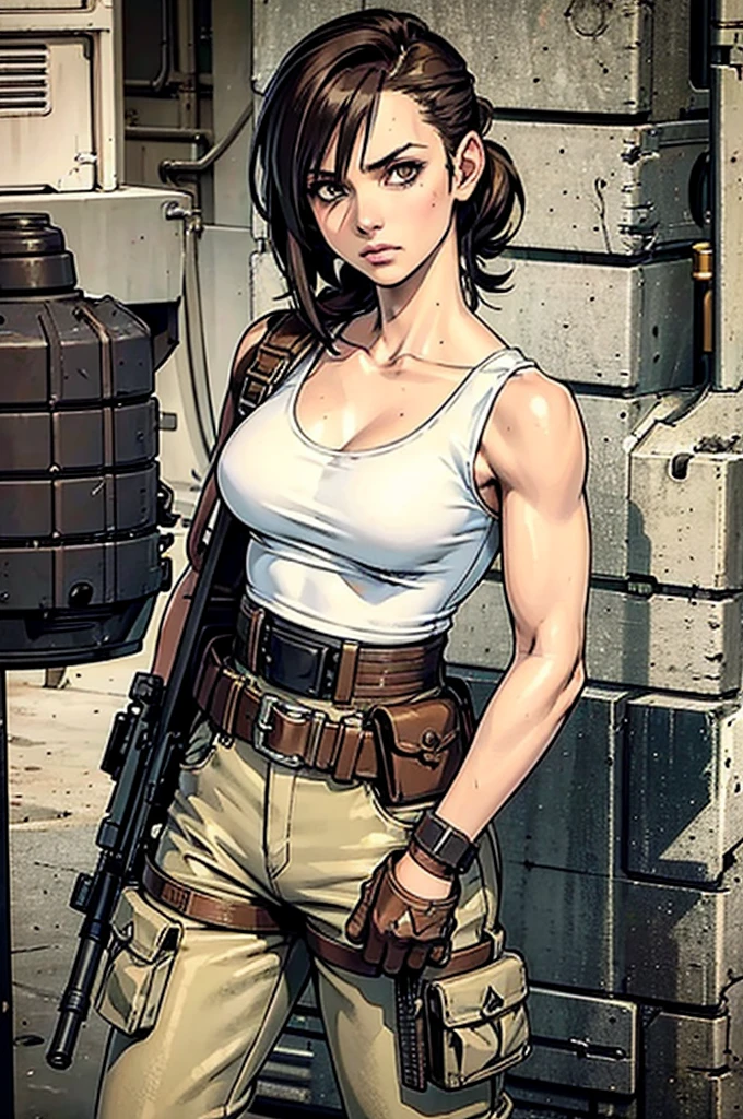 a military woman, well trained body, white sleeveless t-shirt, Exposed collarbone, beige leather shelter, blue pants, two leather belts with gun pockets, dark brown hair, carving, Brown eyes, hazel left eye, left eye with a scar, beach shore, at daytime, getting off a water boat, threatening expression looking at viewer, sparkling beach, palm trees around, In a post-apocalyptic environment, post - apocalyptic cowgirl, Post - Apocalyptic style, Post apocalyptic clothing, pose, post-apocalyptic, Postapocalyptic style, post apocalyptic grunge, Post - Apocalyptic Scavenger. (Ultra quality) 8k quality, detailed, perfect light, perfect angle, perfect sharpness. Boromey Meas